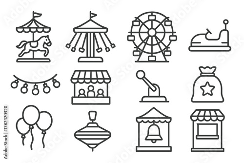 Village Fair Icons. Line style round icons of village fair rides: carousel horse, spinning swing, Ferris wheel, bumper car; light