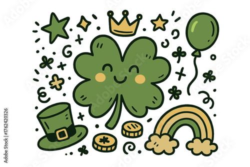 St. Patrick's Day Doodle. St. Patrick’s Day illustration doodle style: hand drawn shamrock with smile, crown, star, balloon,