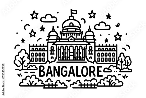 Bangalore Vidhana Soudha Doodle. Doodle bangalore vidhana soudha with stars, domes, and gardens, center word “Bangalore” in black