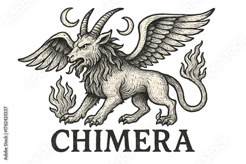 Chimera with Moons. Hand-drawn chimera with moons, wings, and flames, center word “Chimera” in black and white isolated