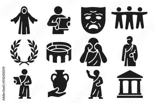 Historical Reenactment Icons. Solid style icons of Historical Reenactments: robed actor, scroll reader, ancient mask, chorus