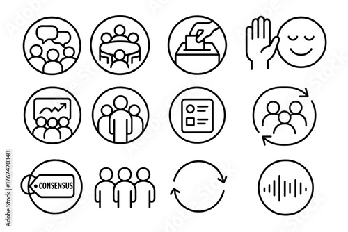 Group Decision Icons. Line style round icons of group decisions: discussion icon, roundtable, voting box, raised hand; meeting