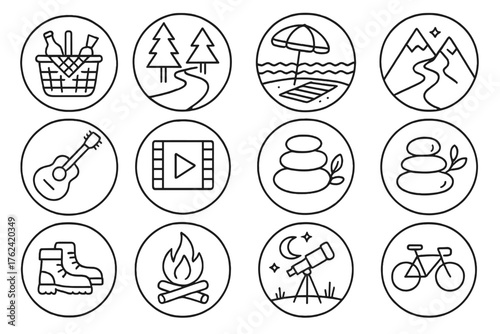 Weekend Recharge Icons. Line style round icons of weekend recharge: picnic basket, forest path, beach umbrella, mountain trail;