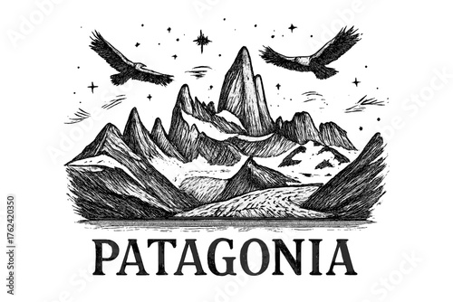 Patagonia's Majestic Elements. Hand-drawn patagonia mountains with condors, glaciers, and stars, center word “Patagonia” in black