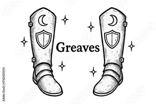 Greaves Design with Moons. Hand-drawn greaves with moons, shields, and sparkles, center word “Greaves” in black and white isolated