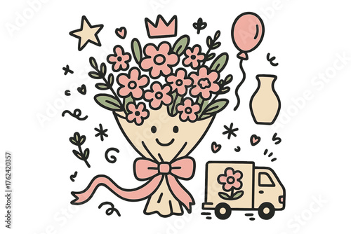 Cute Doodle Flower Delivery. Flower delivery illustration doodle style: hand drawn bouquet with smile, crown, star, balloon, vase,