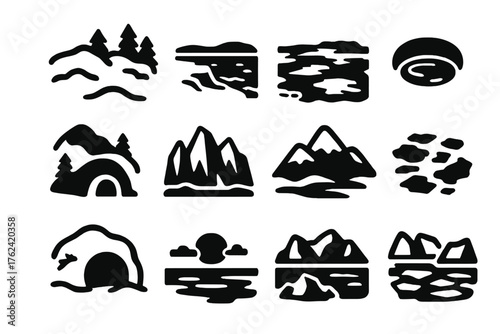 Polar Bear Habitat Icons. Solid style icons of Polar Bear Habitat: snowy tundra, icy shoreline, frozen sea, seal breathing hole,