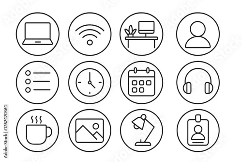 Remote Work Icons. Line style round icons of remote work essentials: laptop icon, wifi signal, desk setup, video call; task list,