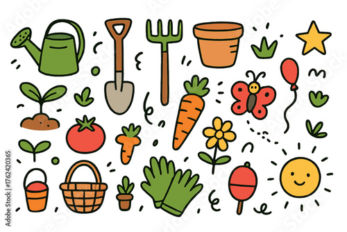 Garden Doodle Icons. Garden doodle icon set: hand drawn icons of watering can, shovel, rake, pot, sprout, tomato, carrot, flower,