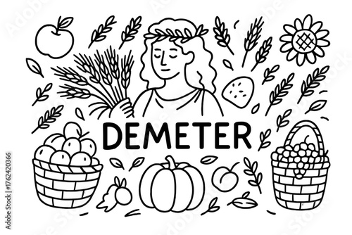 Demeter Harvest Doodle. Doodle demeter harvest with wheat, fruits, and baskets, center word “Demeter” in black and white isolated