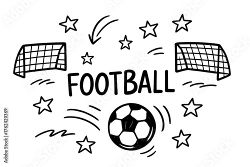 Doodle Football Match. Doodle football match with ball, goals, and stars, center word “Football” in black and white isolated