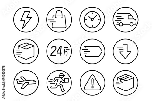 Express Delivery Icons. Line style round icons of express delivery: lightning bolt icon, express bag, time badge, speed van;