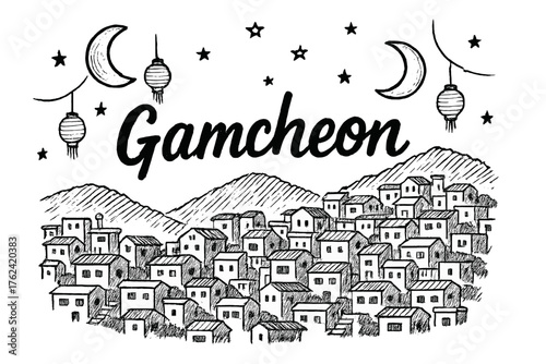 Gamcheon Nightscape Illustration. Hand-drawn gamcheon culture village with moons, houses, and lanterns, center word “Gamcheon” in