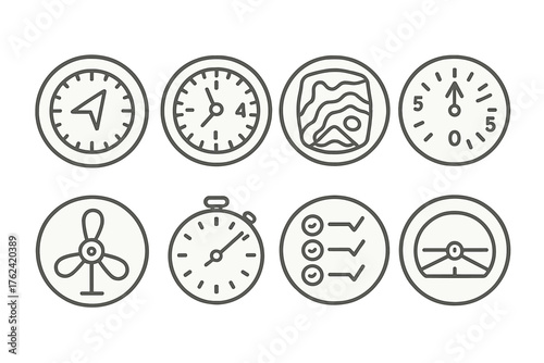 Aircraft Instrument Icons. Line style round icons of flight instruments: compass, altimeter, variometer, GPS; speed dial, climb