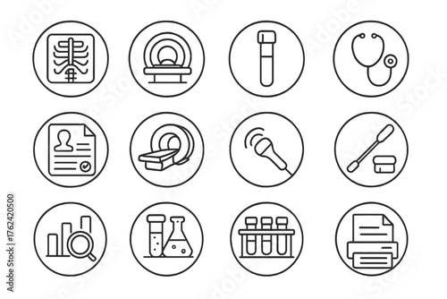 Diagnostic Procedure Icons. Line style round icons of diagnostic procedures: X-ray icon, CT scan, blood test tube, stethoscope