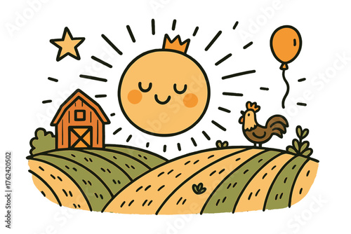 Cheerful Sunrise Doodle. Countryside sunrise illustration doodle style: hand drawn sun with smile, crown, star, balloon, barn,