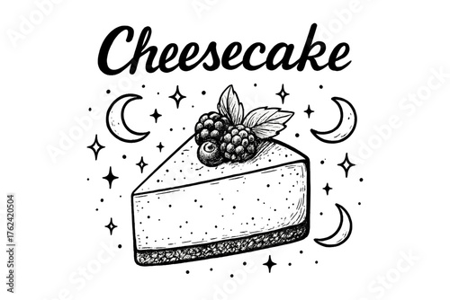 Cheesecake and Moons. Hand-drawn cheesecake with moons, sparkles, and berries, center word “Cheesecake” in black and white