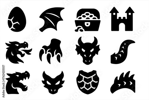 Dragon Myth Icons. Solid style icons of Dragon myth elements: egg, wing, hoard of treasure, castle, fire breath, claw, horned head