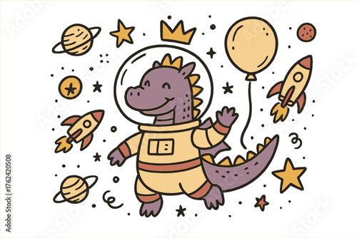 Astronaut Dragon Adventure. Fantasy space fair illustration doodle style: hand drawn dragon in astronaut suit with smile, crown,