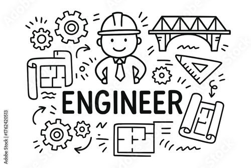 Doodle Engineer Design. Doodle engineer with gears, bridges, and blueprints, center word “Engineer” in black and white isolated