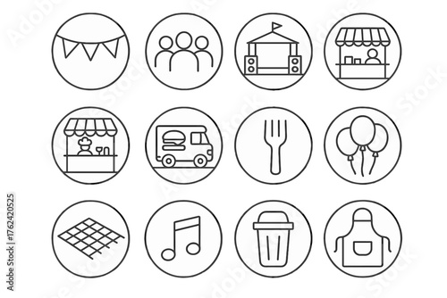 Food Festival Icons. Line style round icons of food festival: bunting, crowd, stage, tasting booth; food truck, drink stand,