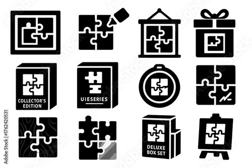 Puzzle Collection Icons. Solid style icons of Puzzle Rewards: framed puzzle art, glued puzzle, puzzle wall decor, gift puzzle box,