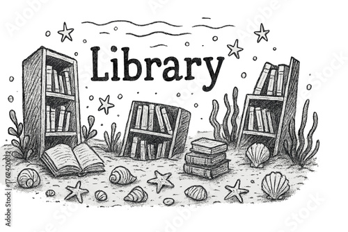 Sunken Library Scene. Hand-drawn sunken library with books, shells, and stars, center word “Library” in black and white isolated