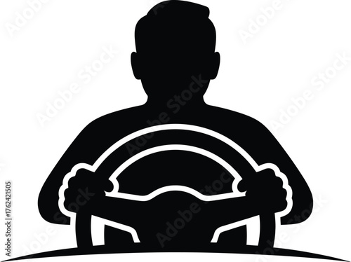 Silhouette of Man Driving Car Steering Wheel Icon – Safe Driver Symbol Vector Illustration