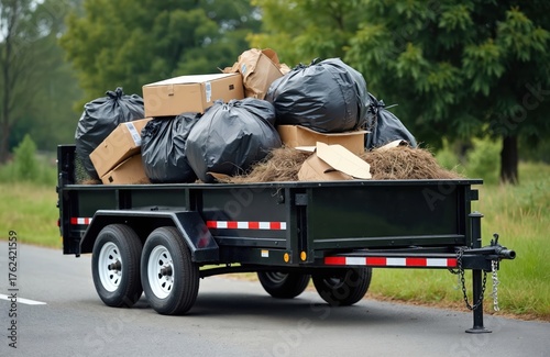 Trailer carries rubbish and refuse. Black trailer loaded with garbage bags and cardboard boxes on road. Heavy cargo transport with waste materials.