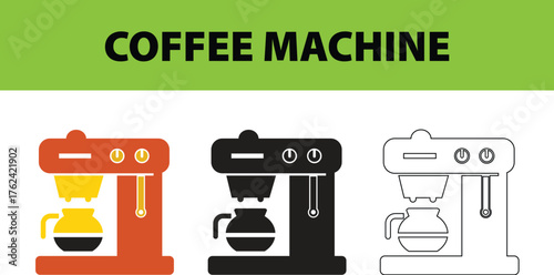 Modern Coffee Maker Vector Illustration – Drip Coffee Machine Icons in Minimal Kitchen Appliance Concept, Clean Design Art