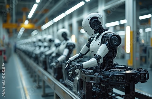 Robotic arms build cars on assembly line. Automated androids work in modern factory producing vehicles. Futuristic machines assemble auto parts with precision, speed, showcasing industry innovation.