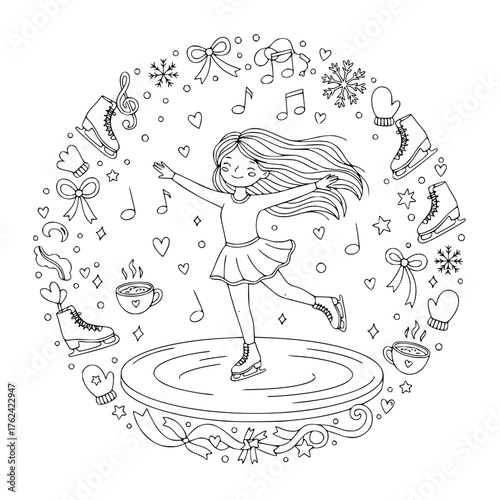 Figure Skater Girl Performing on Ice – Winter Coloring Page, Cartoon Line Art, Outline Illustration for Kids, Holiday Activity, Black and White Doodle