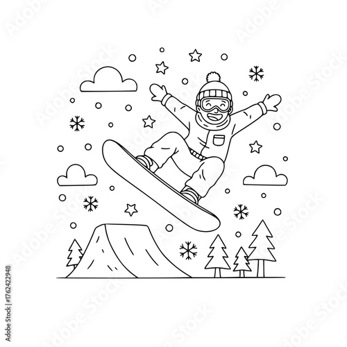 Snowboarder Boy Jumping – Winter Sports Coloring Page, Cartoon Line Art, Trick Mountain Scene, Fun Children’s Illustration