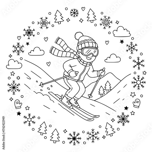 Ski Racer Boy – Winter Sports Coloring Page, Cartoon Line Art, Downhill Skiing Illustration for Kids, Mountain Scene Doodle