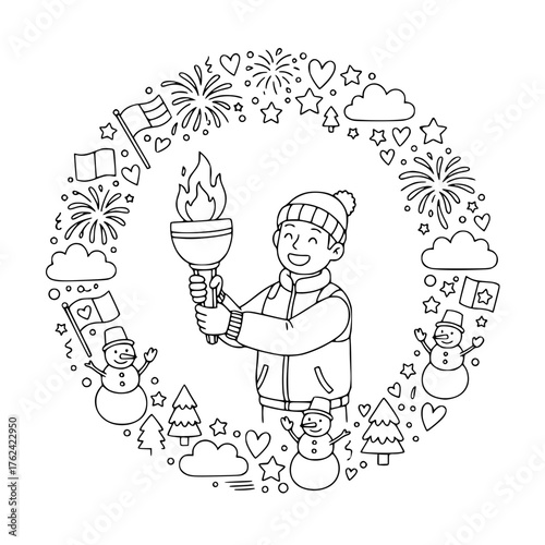Winter Olympic Torch Relay – Line Art Coloring Page, Cartoon Boy with Torch, Holiday Doodle, Children’s Activity Illustration