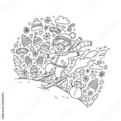Cute skier doodle with playful winter elements, black-and-white hand-drawn outline illustration