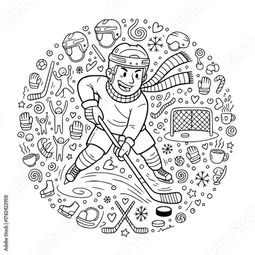 Hockey Player Boy – Winter Sports Coloring Page, Cartoon Line Art, Outline Illustration for Kids, Black and White Hockey Activity, Ice Rink Scene