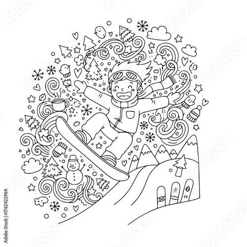 Snowboarder Boy Jumping – Winter Sports Coloring Page, Cartoon Line Art, Fun Mountain Doodle, Children’s Activity Illustration