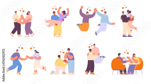 The set of young couple illustration. Valentine's day, love tenderness and romantic feelings concept.