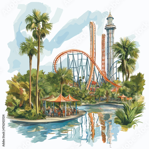 Busch Gardens. Busch Gardens hand drawn watercolor illustration