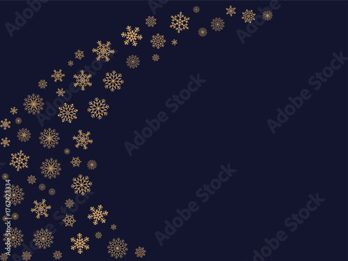 Luxurious corner of flowing golden snowflakes on navy background. Elegant frame for winter holidays, New Year greeting cards, or upscale corporate design