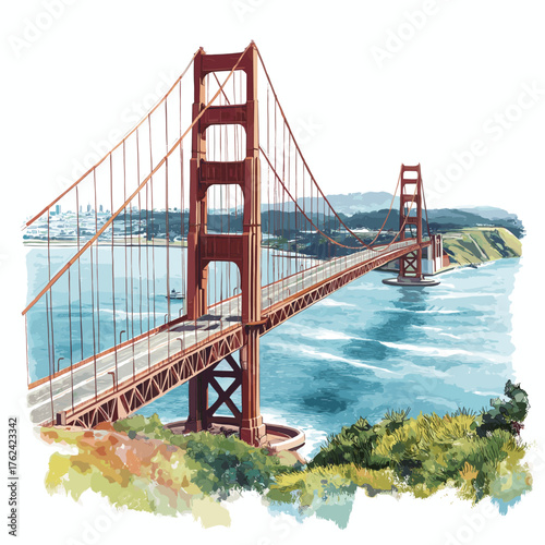 Golden Gate Bridge. Golden Gate Bridge hand drawn watercolor illustration