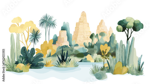 Chichen Itza. Chichen Itza hand drawn watercolor illustration