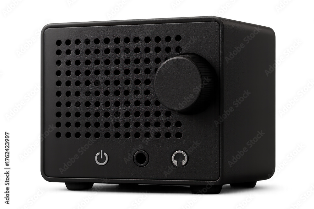 Fototapeta premium Black portable audio speaker box with volume knob