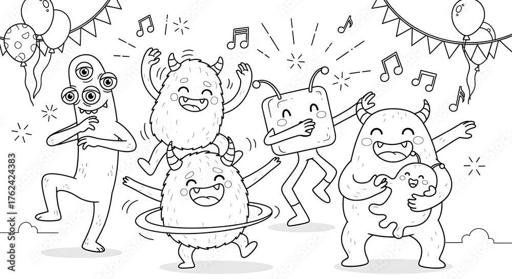 Fototapeta premium Dancing monsters coloring page with balloons and music notes for kids party celebration fun time