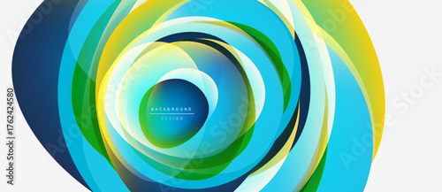 Abstract colorful layers create dynamic circular design. Gradient hues blend, forming vibrant visual effect. Modern background element.