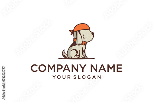 Cute cartoon dog sitting with an orange bandana and collar, designed as a simple and friendly mascot logo for pet-related businesses or animal brands.