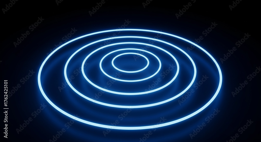 Fototapeta premium Blue neon concentric circles radiating on dark background