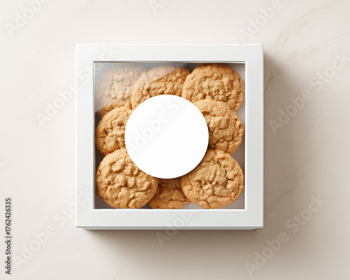 Box of freshly baked crumble cookies with a blank round label on the transparent lid