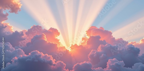 Dreamy pastel cloudscape, soft pink, lavender, and peach hues billow in a serene sky, sun rays gently filtering through, illustration, tranquil, sky